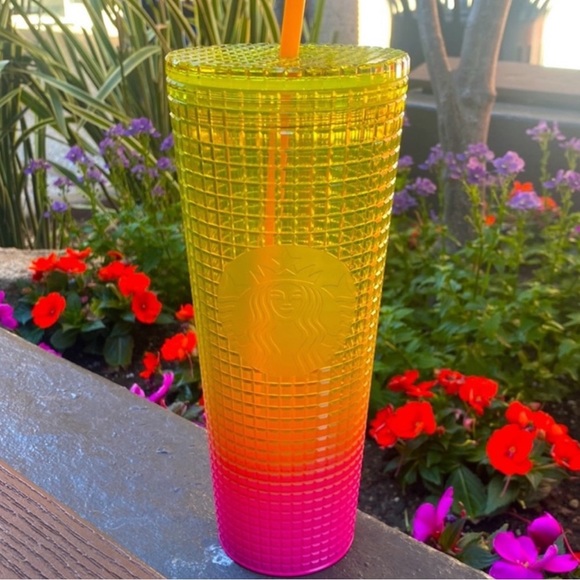 Starbucks Other - Starbucks Lemon Yellow Pink Gradient Ombre Grid 24oz Venti Tumbler Cup